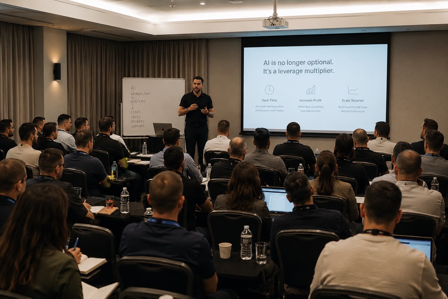 A presenter explaining how AI can save time and support growth