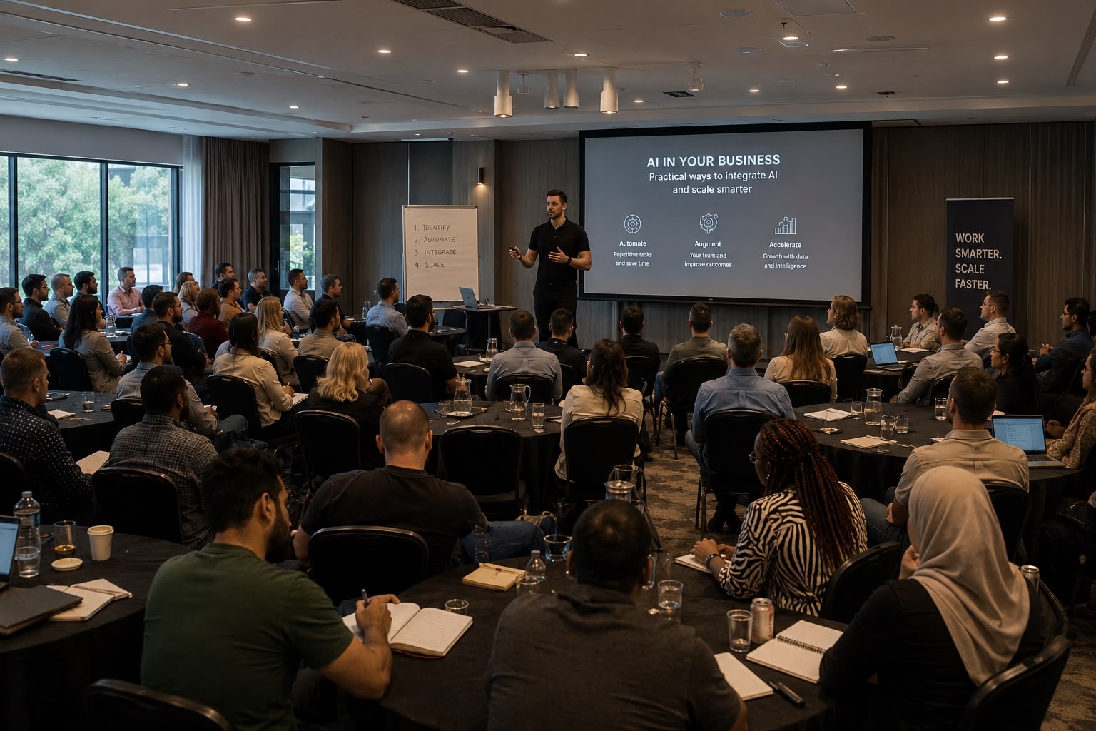 An AGMM-branded AI workshop with a presenter addressing business leaders