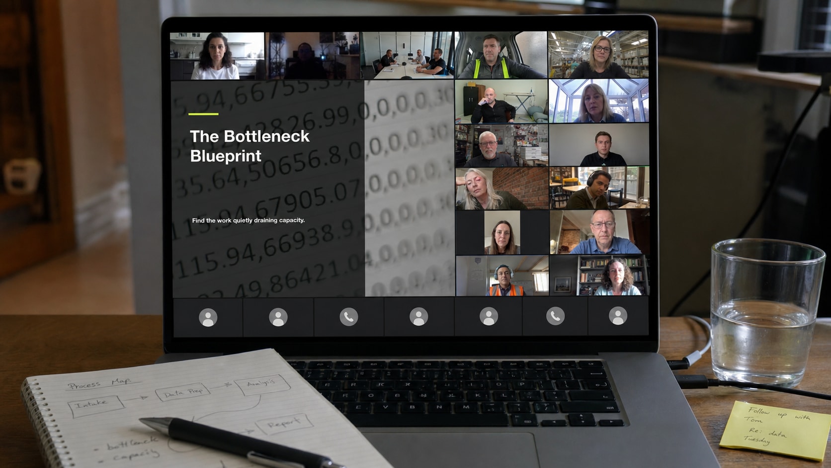 Illustrative attendee view of the AGMM deck in a mixed-camera webinar