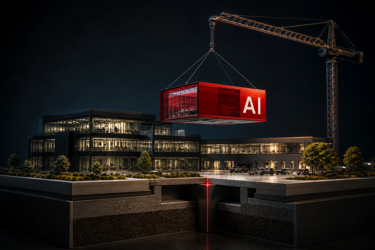 A crane holding a new red extension above an established building while the ground beneath it is surveyed
