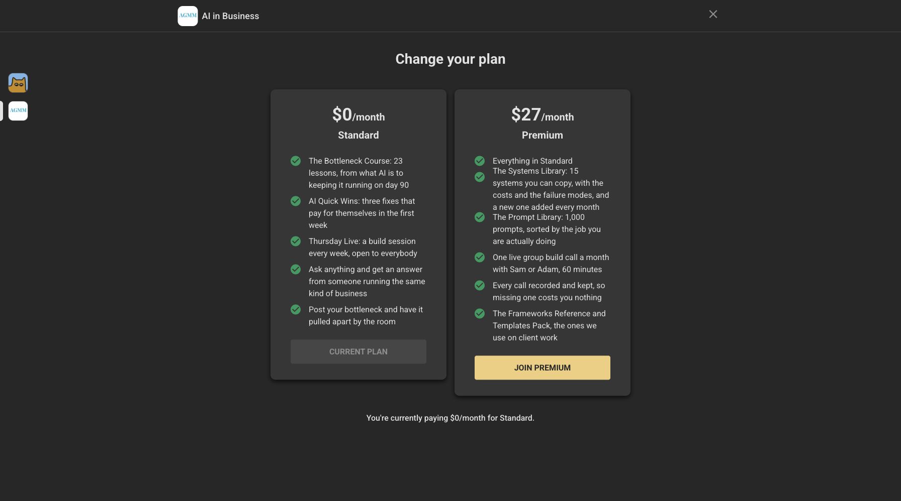 The real AGMM AI in Business Skool plans showing the free Standard tier and the 27 dollar monthly Premium tier