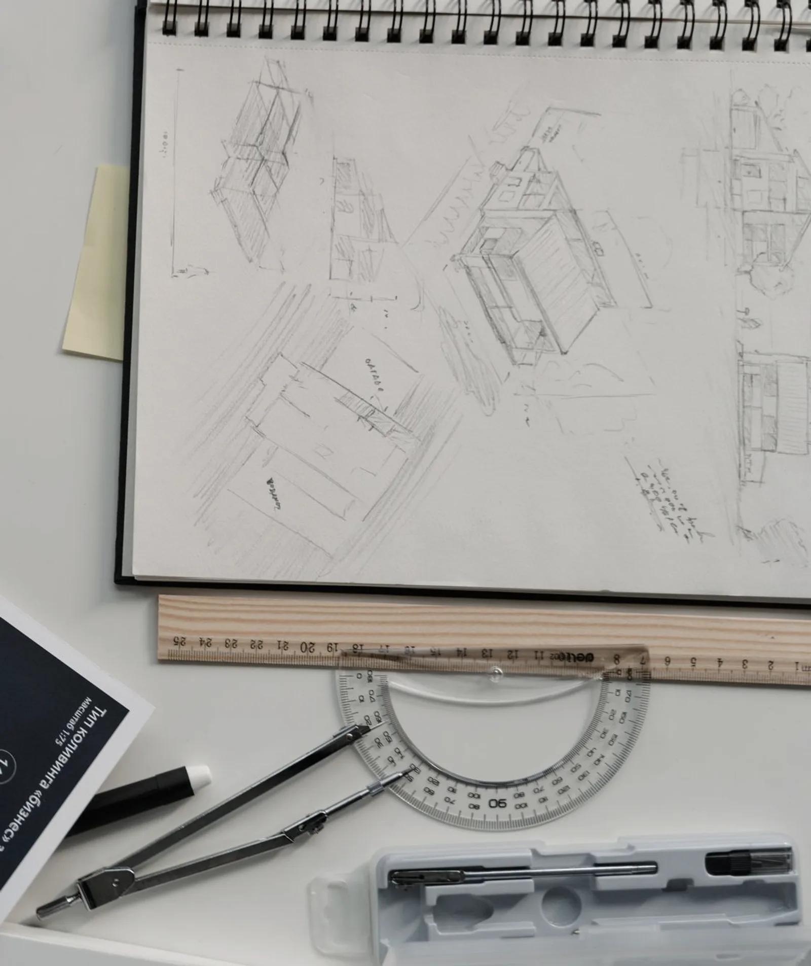 Measured architectural drawings with a scale rule, protractor and dividers